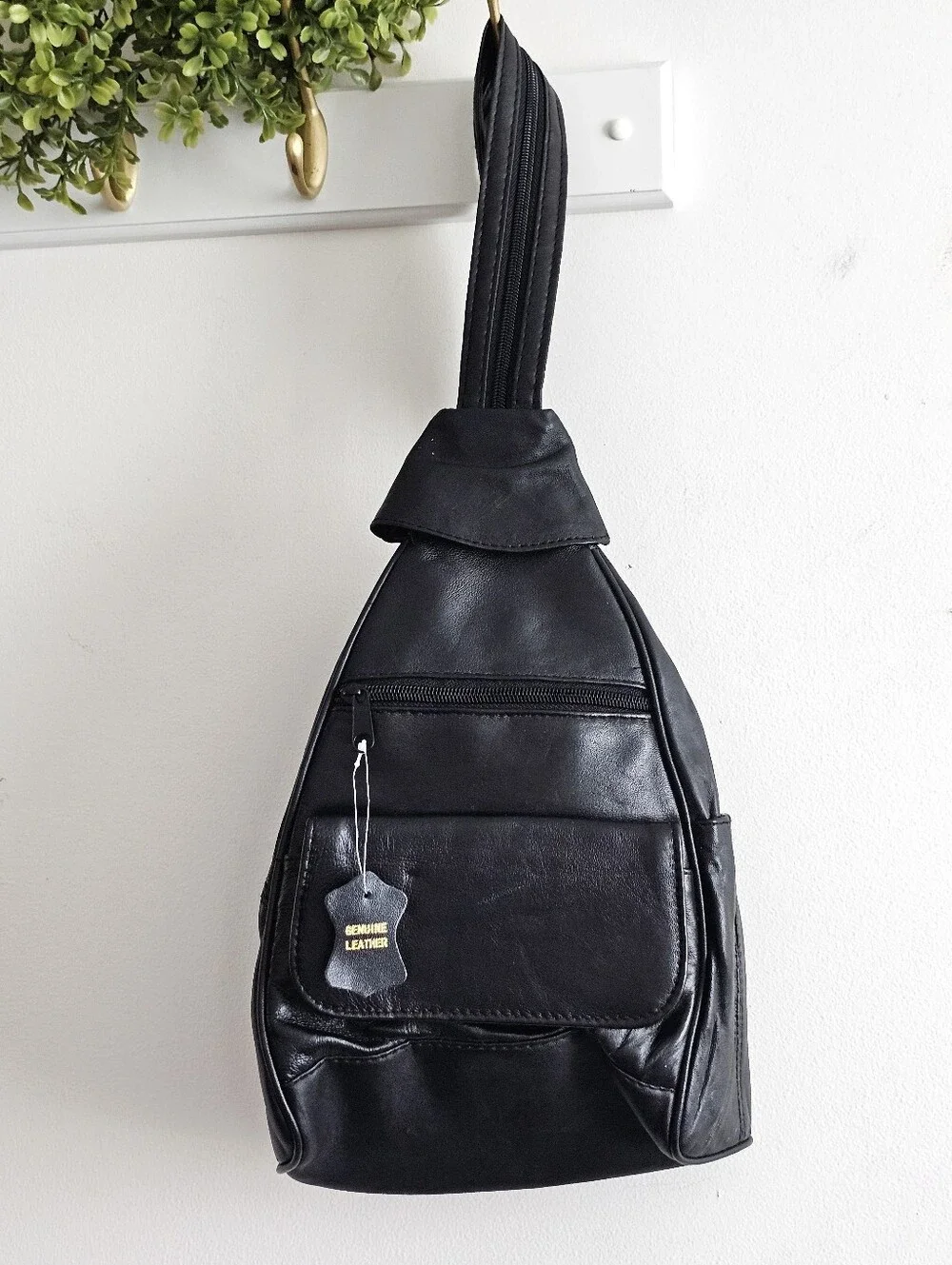 Black Genuine Lambskin Leather Sling Backpack Convertible Shoulder Bag